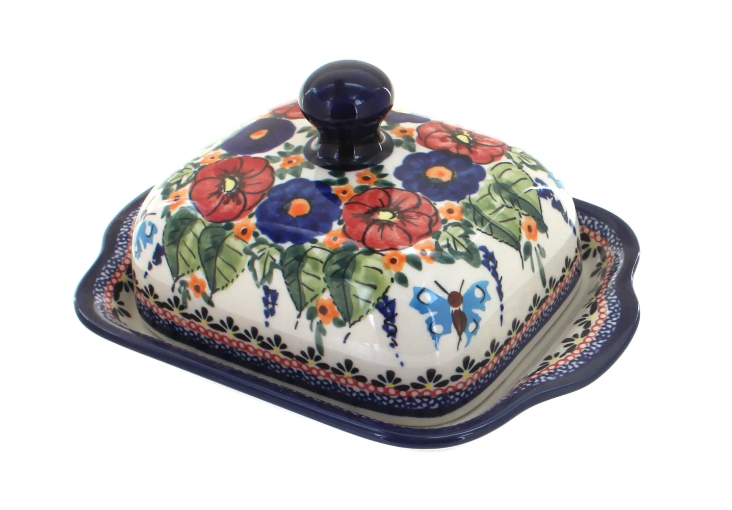 Blue Rose Polish Pottery Floral Butterfly Square Butter Dish