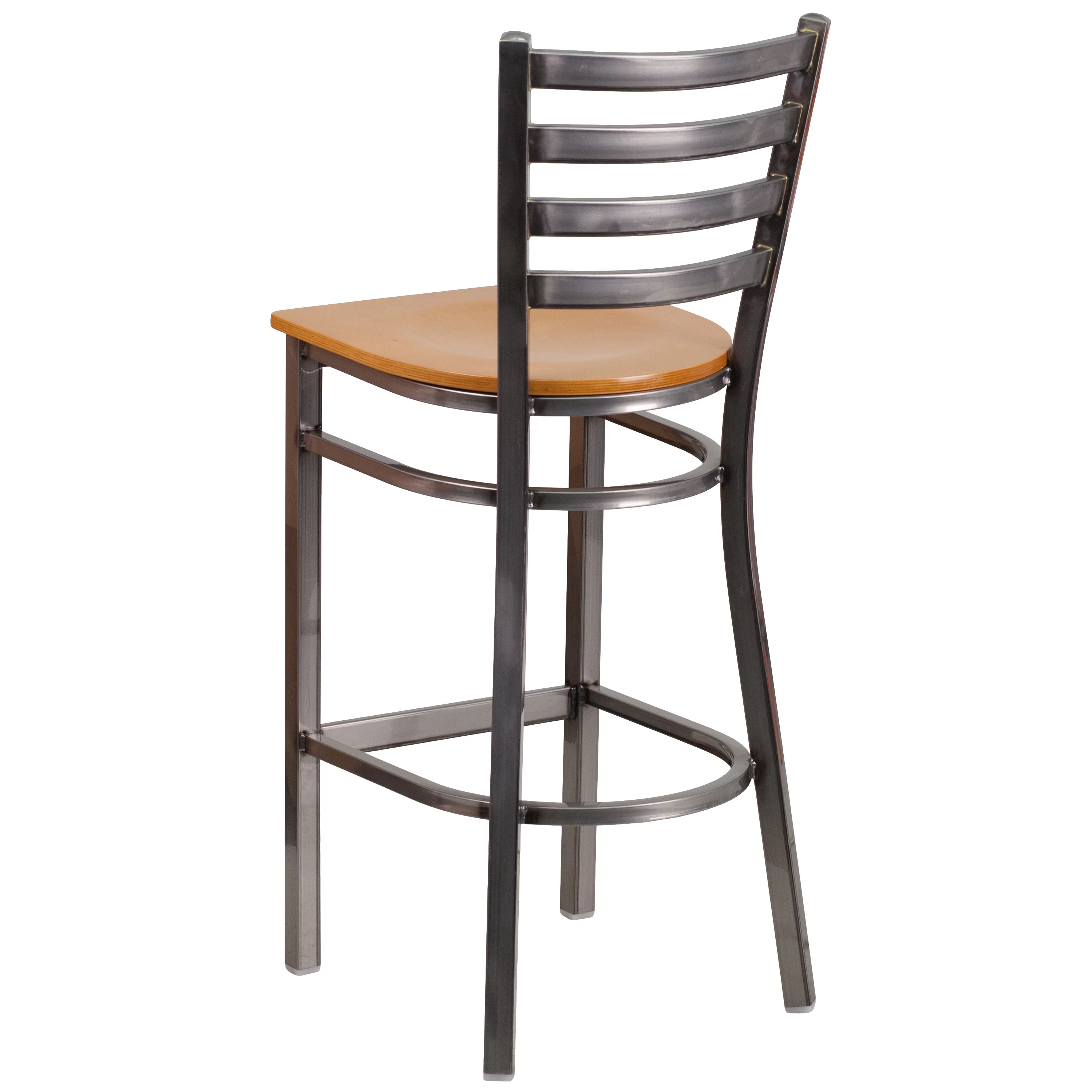 Emma + Oliver Clear Coated Metal Ladder Back Barstool, Natural Wood Seat