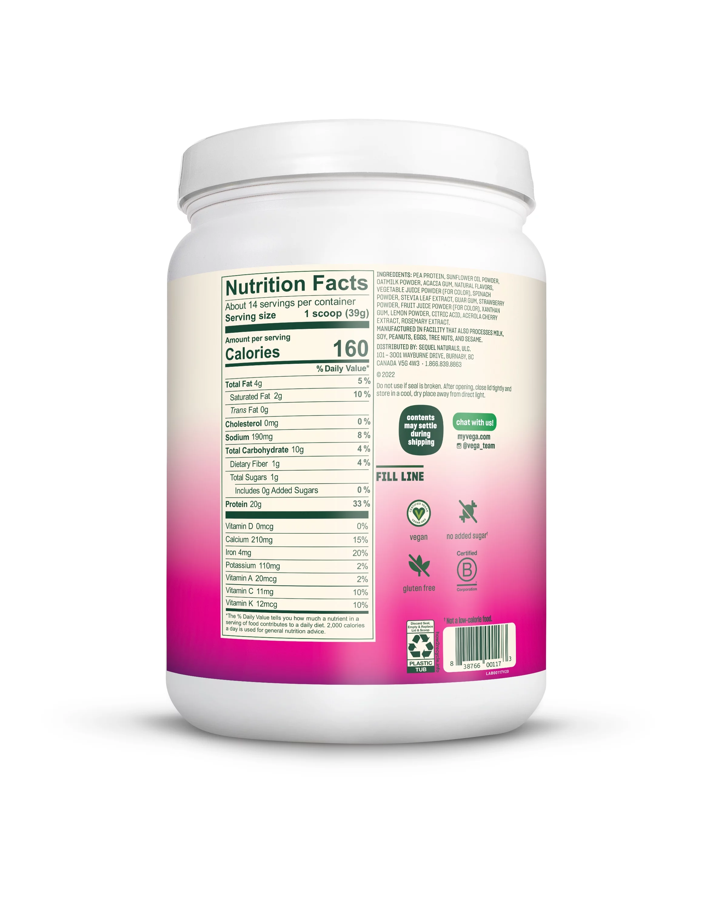 Vega Real Food Smoothie, Wildberry Bliss, Vegan Protein Powder, 20g Plant Based Protein, 19 Oz (14 servings)