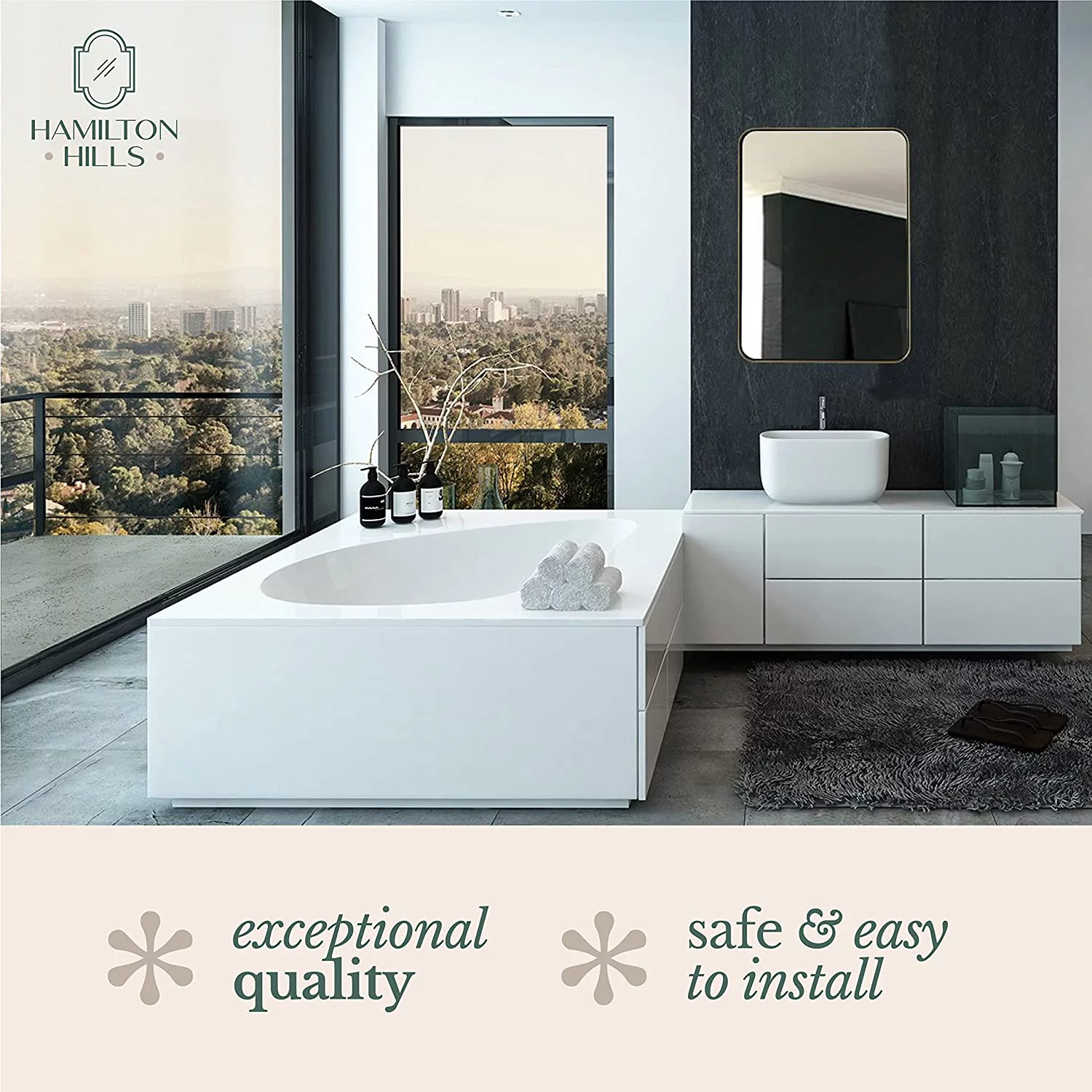 Hamilton Hills Contemporary Brushed Metal Wall Mirror Glass Panel Gold Framed Rounded Corner Deep Set Design Mirrored Rectangle Hangs Horizontal or Vertical (22