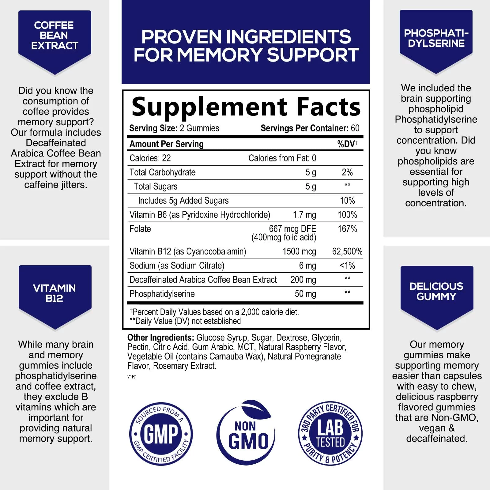 Nootropic Brain Booster Memory Supplement Gummy for Concentration & Mental Focus - Brain Health & Energy with B12, Phosphatidylserine, Coffee Extract, Nature's Vitamins for Men & Women - 120 Gummies