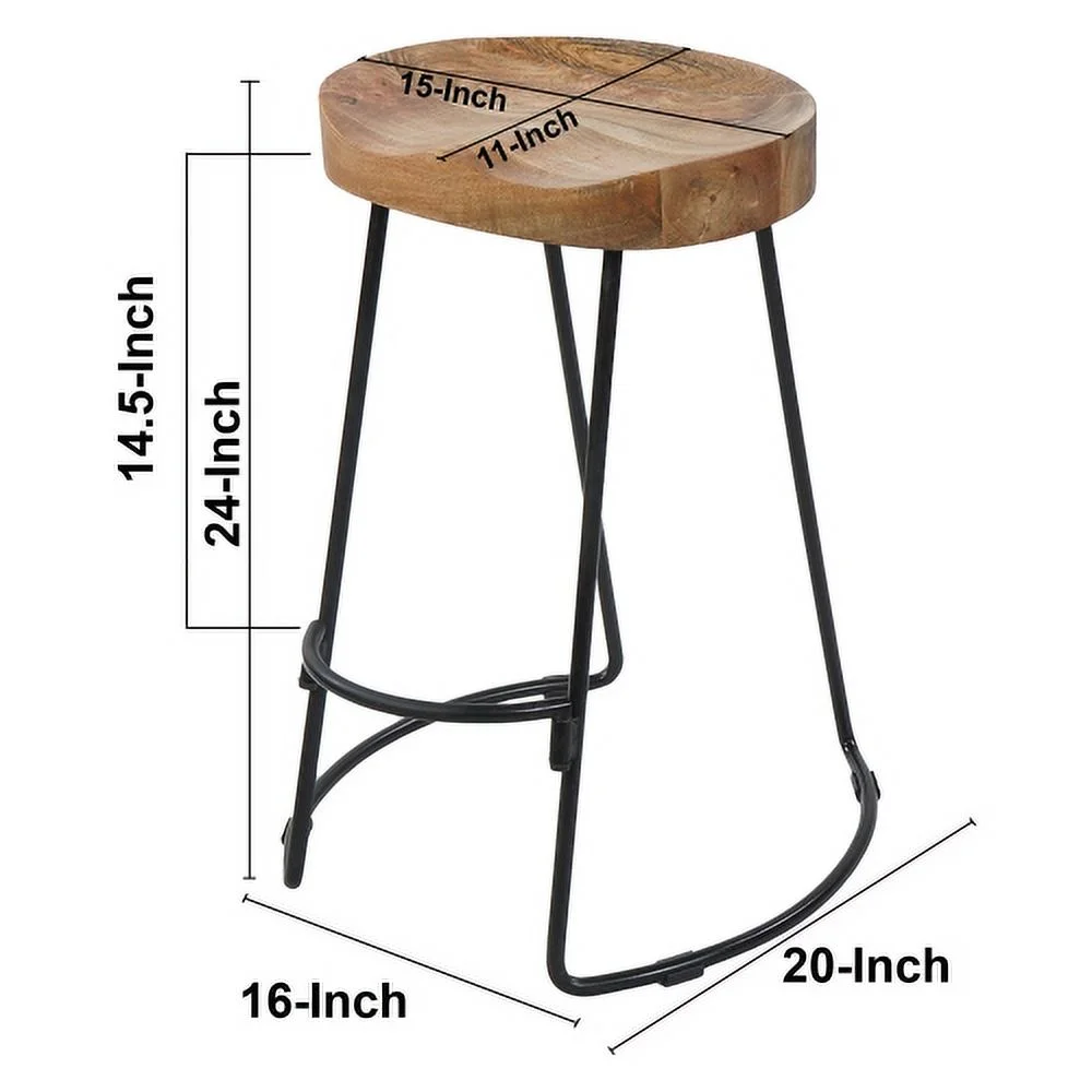 24 Inch Handcrafted Backless Barstool, Natural Brown Mango Wood Thick Saddle Seat, Black Iron Base