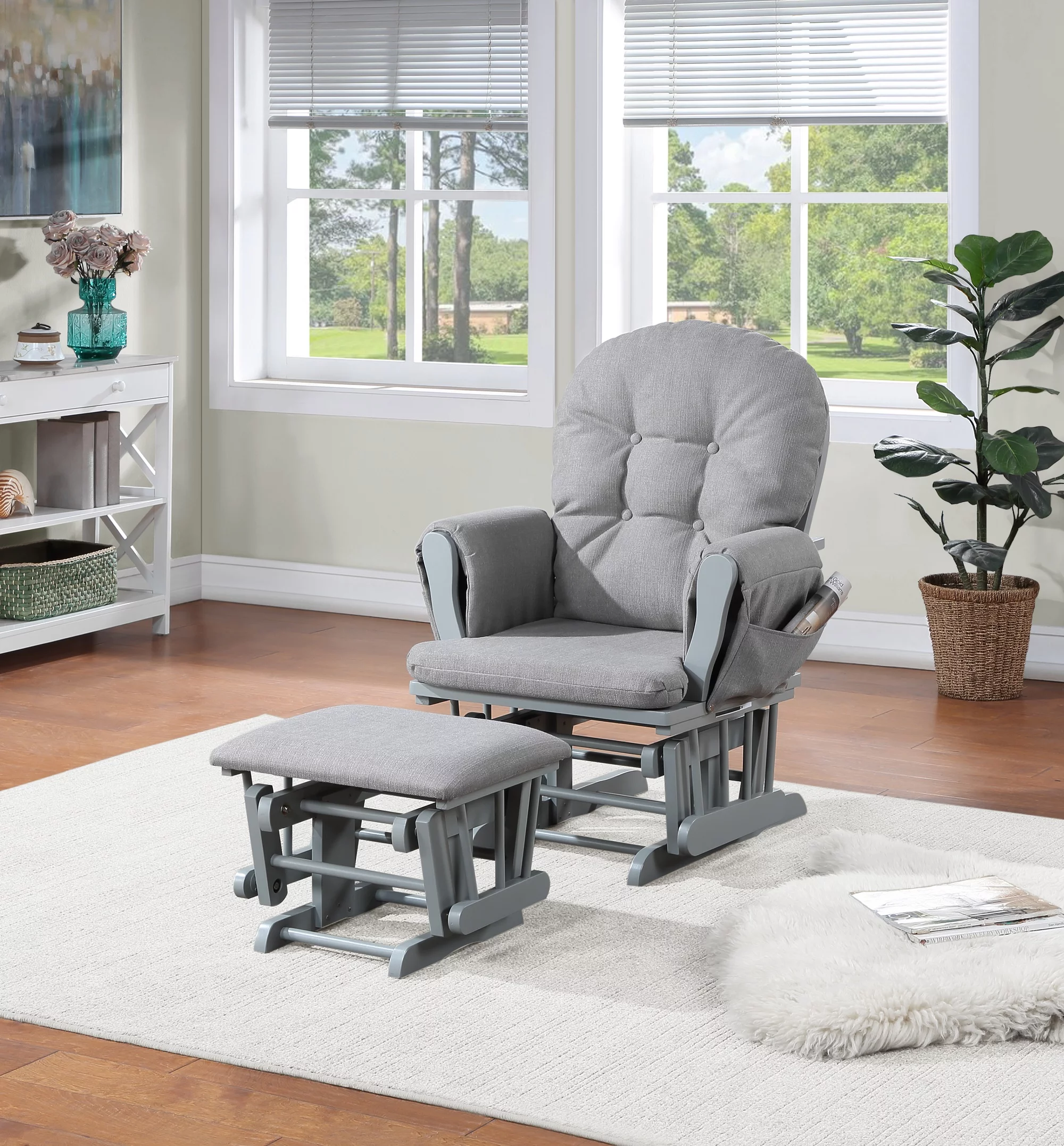 Suite Bebe Mason Traditional Wood Glider and Ottoman in Gray/Oyster