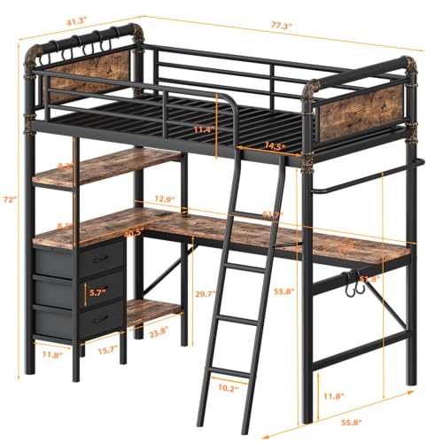 Twin Size Heavy Duty Metal Loft Bed with L-Shaped Desk, LED Lights,Charging Station, Industrial Loft Bed Frame with 3 Storage Shelves and 3 Fabric Drawers, Safety Guard & Ladder (Vintage Brown)