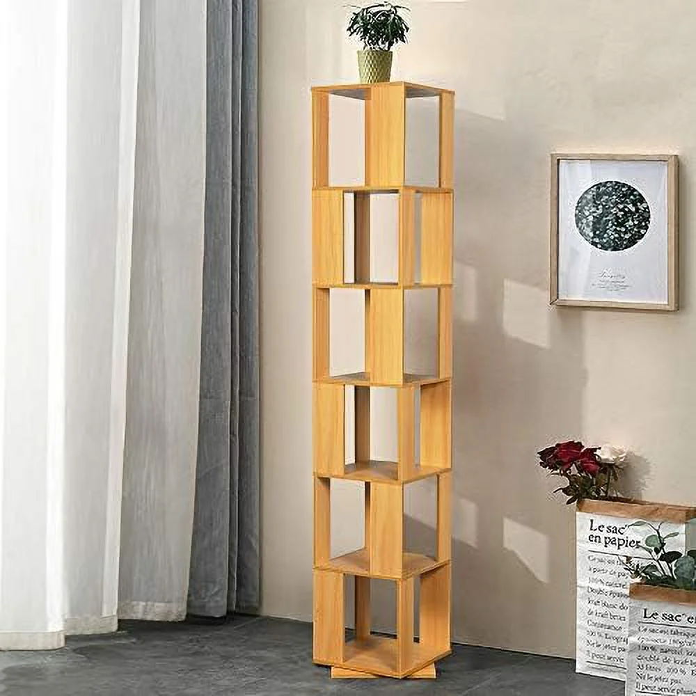 QIHANG- 6 Tier Wooden Bookcase Corner Tall Book  Modern ° Rotating  Display Rack Floor Standing Shelves with Open Design Shelving Unit for Home Office Living Room Study  Black Walnut