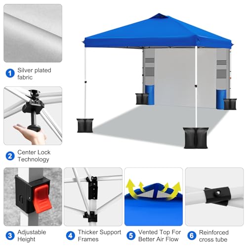 WEIZE 10x10 Pop Up Canopy Tent,One-Button Push Setup,Pop Up Tent with 1 Sidewall and 6 Pockets,Adjustable Height Instant Portable Shelter,4 Weight Bags,Sun Shade for Events & Beach (Blue)
