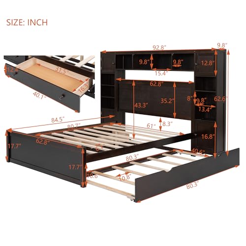 Harper & Bright Designs Full Size Platform Bed with Bookcase Headboard and Storage Drawers, Solid Wood Bed Frame with Cabinet and Bookshelf,for Kids Teens Adults, No Box Spring Needed - White