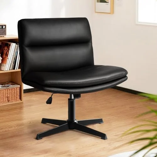 RUNFAYBIU PU-Padded Armless Office Desk Chairs No Wheels  High-Back Wide Seat Home Office Desk Chair  120°Rocking Cross Legged Computer Task Chairs  Modern Adjustable Swivel Vanity Chair