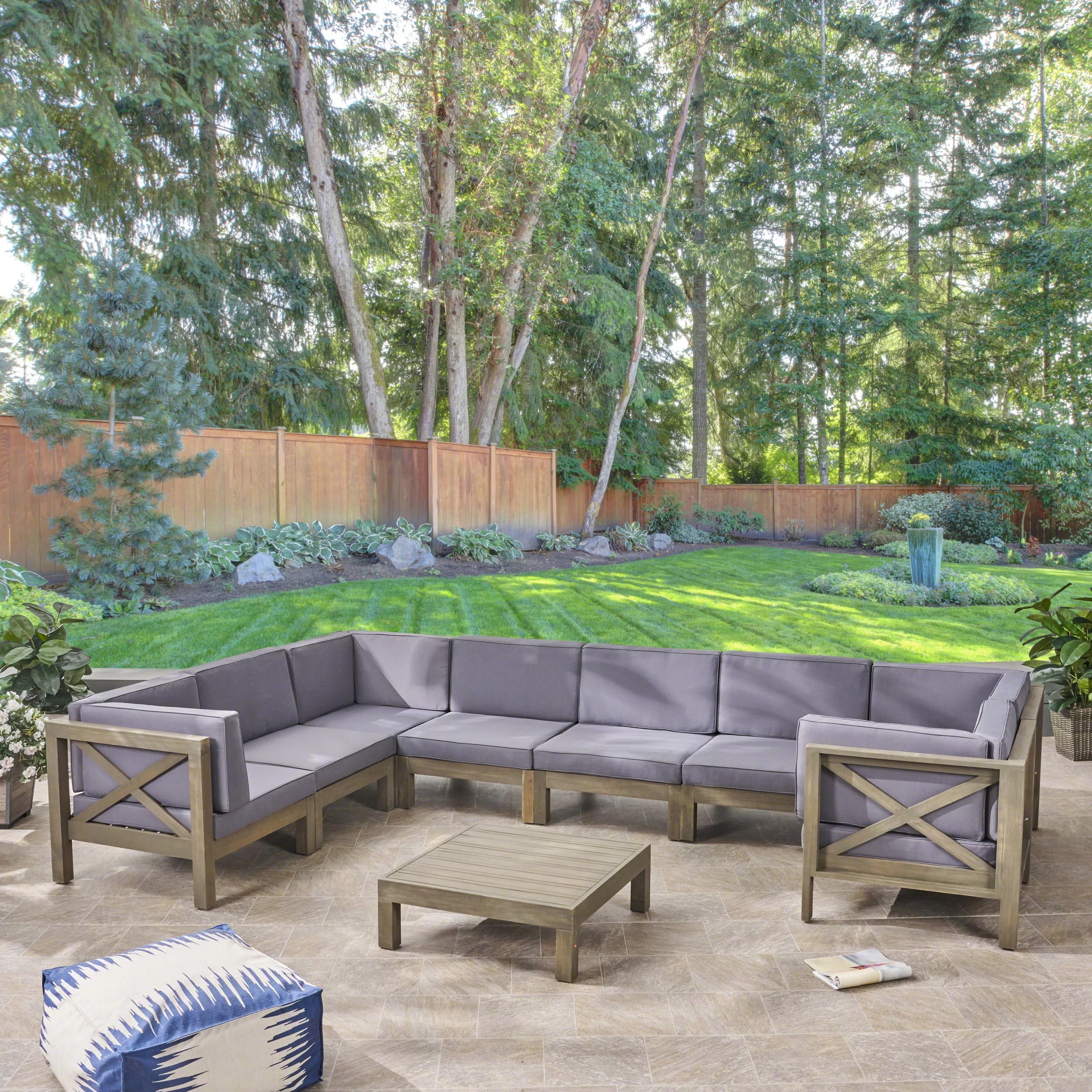 GDF Studio Keith Outdoor Acacia Wood 8 Seater Sectional Sofa Chat Set with Cushions, Gray and Dark Gray