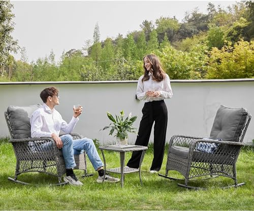 Patio Furniture Set 3 Pieces, Wicker Rocking Bistro Set with Thick Cushions, Outdoor Rocker Chairs and Coffee Table for Porch, Backyard or Garden (Blue)