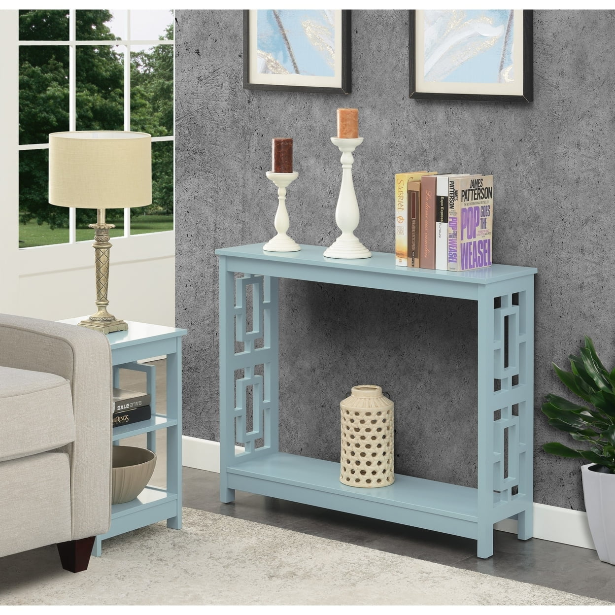 Convenience Concepts Town Square Console Table with Shelf, Sea Foam Blue