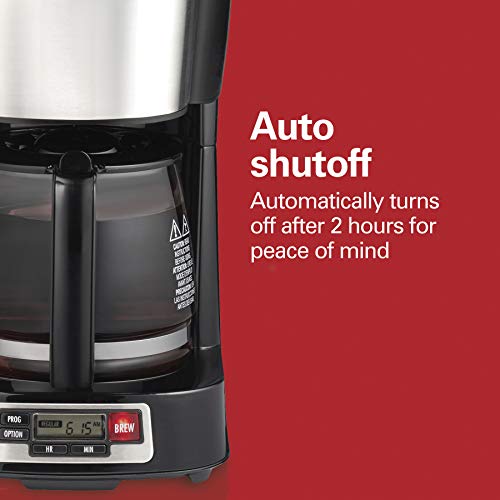 Hamilton Beach 5 Cup Drip Coffee Maker with Easy FrontFill Basket, Compact Design, Programmable Clock, Glass Carafe, Auto Pause and Pour, Black & Stainless Steel (46111)