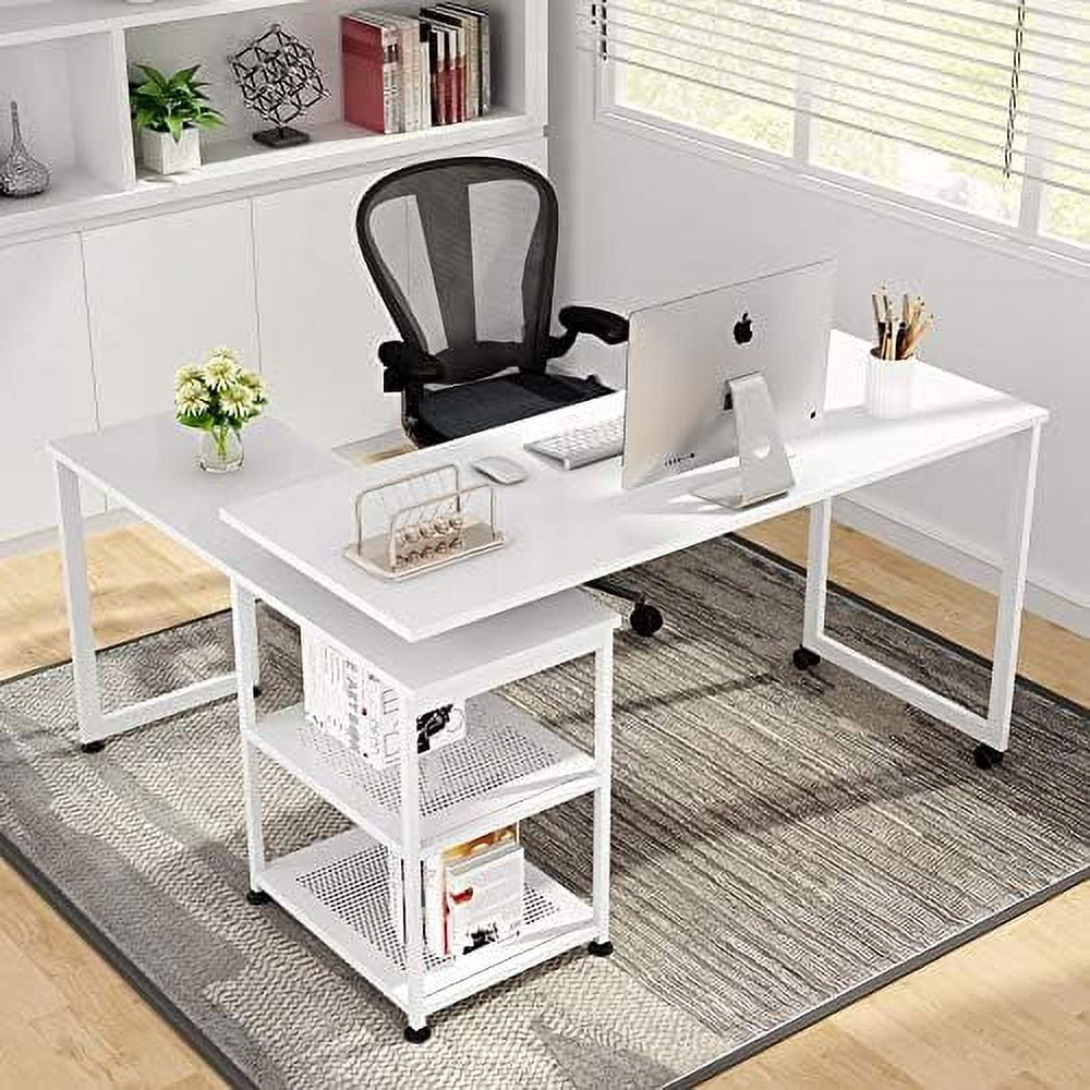 KHBIULIFE ° Free Rotating L-Shaped Desk  55 inch Large Reversible Corner Office Computer Desk Modern Study Writing Table Computer Workstation with  Shelves for Home Office (White)