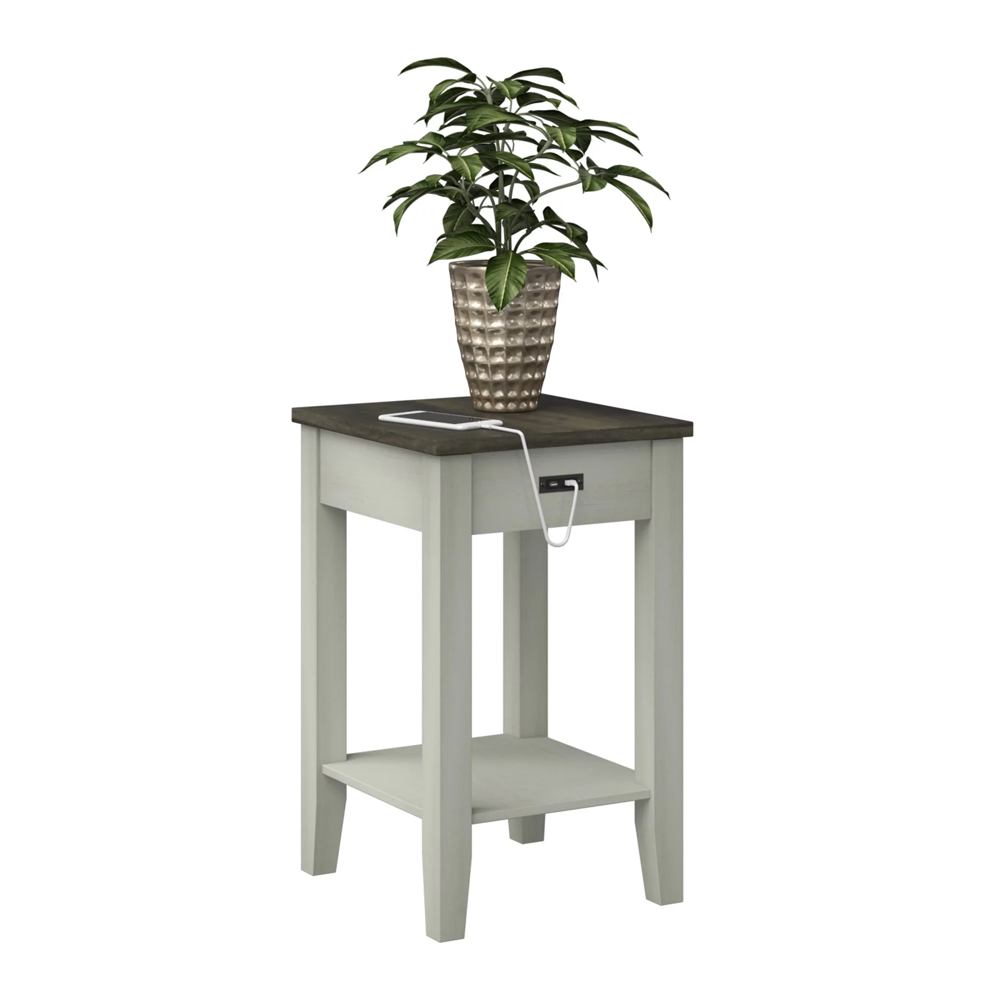 Modern Farmhouse Two-Tone Side Table with USB Charging in Old Wood White