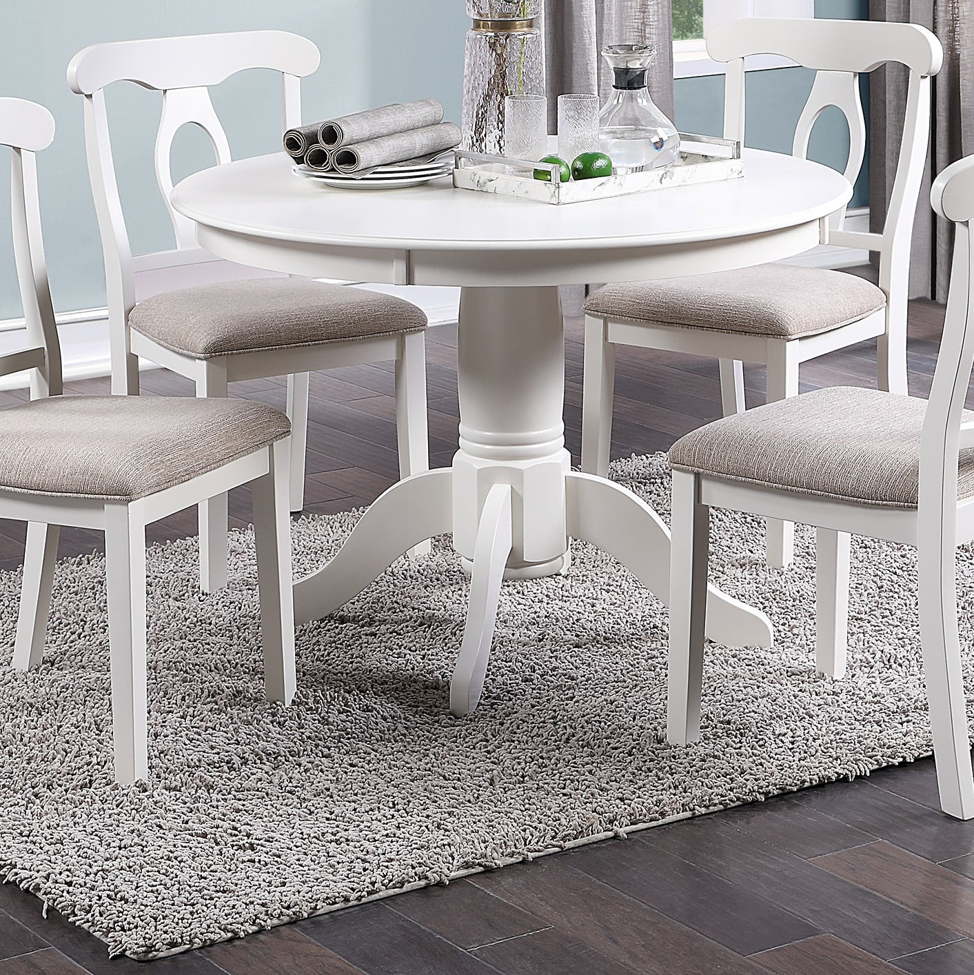 ikayaa Classic Design Dining Room 5pc Set Round Table 4x side Chairs Cushion Fabric Upholstery Seat Rubberwood Furniture