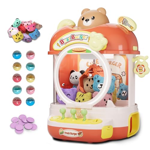 Claw Machine for Kids, Burger Bear Theme Mini Vending Machine for Age 5-8, Candy Grabber Dispenser with Plush Toys and Capsule for Age 3+, Cute Birthday Gifts, Great for Party & Holiday