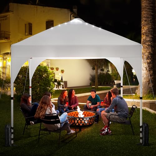 Yaheetech 10x10ft Pop-Up Canopy Tent with 17 Solar LED Lights, Outdoor Garden Gazebo, Ez Set-up Instant Sun Shelter Tent w/Wheeled Bag, 4 Sandbags, Ropes & 12 Stakes for Parties, Beach, Camping, White