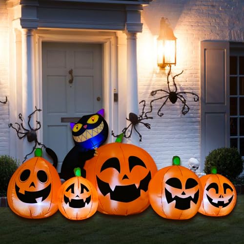 Double Couple 8FT Long Halloween Inflatables Outdoor Decorations 5Pcs Pumpkins with Black Cat Built-in Led Light Yard Inflatables for Garden Lawn Decor