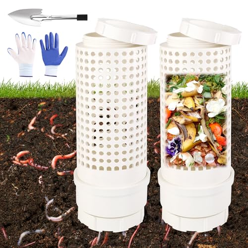 2 Packs Inground Worm Composter, Outdoor Worm Farm Compost Bin Kit with Lid for Raised Garden Beds, Reducing Food Waste Composting Systems - with Shovel & Gloves