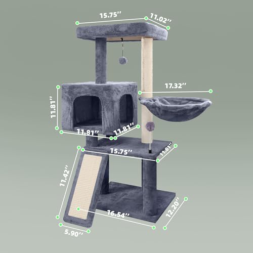 Cat Tree with Cat Condo and Hammock, Cat Tree with Scratching Posts and Scratching Pads, Cat Tower for Indoor Cats, Activity Centre Climbing Tree with Playful Toy Balls, Grey