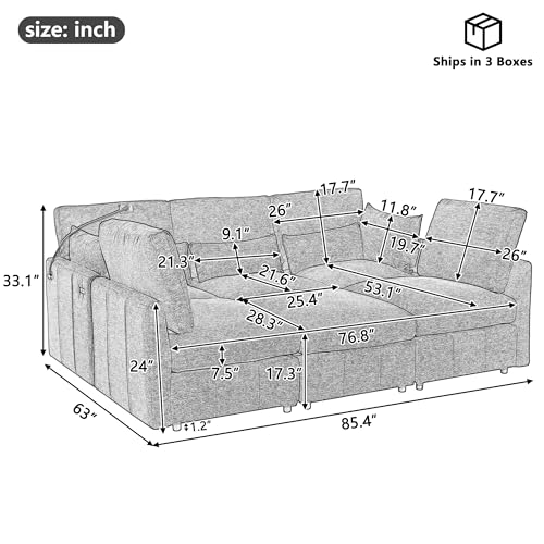 6 Seater Reversible Modular Sectional Sofa Convertible Sleeper Couch Bed , Free Combination Chenille Upholstered Corner Sofa Couches with USB Ports and Detachable Cushions for Living Room Office