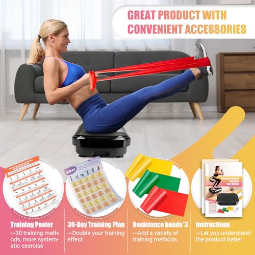 Vibration Plate Exercise Machine, Vibration Plate for Lymphatic Drainage with Training Poster, Training Plan & 3 Resistance Bands, Adjustable Speeds Vibrate Stand Shake Board for Weights Loss(400 Lbs)