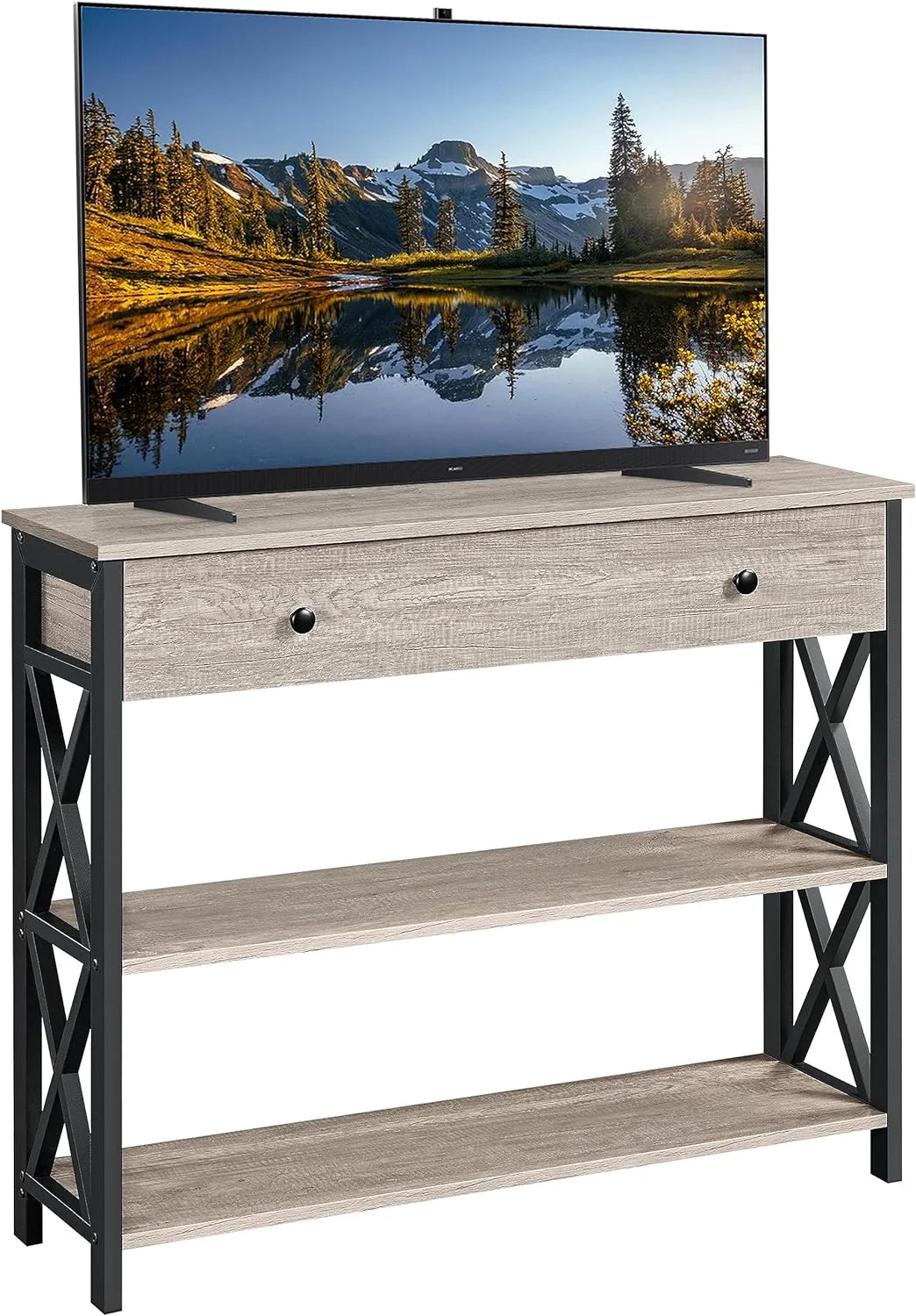 TV Stand, Entertainment Center with Drawer, Media Console Table for TV up to 45 inch, TV Console Table with Open Storage Shelves for Bedroom/Living Room/Hallway, Metal Frame, Grey