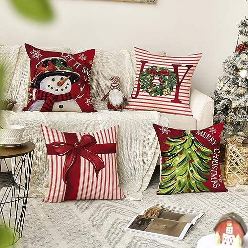 AVOIN colorlife Merry Christmas Let It Snow Joy Stripes Gift Box Red Throw Pillow Covers, 18 x 18 Inch Xmas Tree Holiday Cushion Case Decoration for Sofa Couch Set of 4