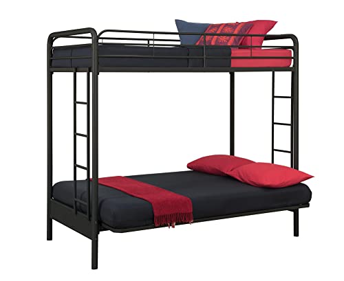 DHP Twin-Over-Futon Convertible Couch and Bed with Metal Frame, Ladder and Guardrails - Black