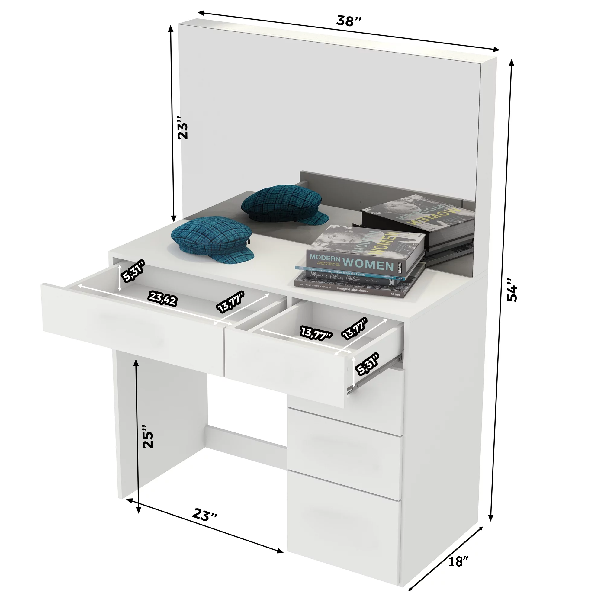 Boahaus Saranya Modern Vanity Desk with Light Bulbs, 5 Drawers, White