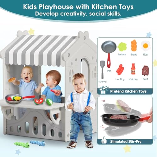 BIERUM Kids Playhouse with Kids Pretend Play Kitchen Toys Set, Indoor Playhouse for Toddlers Aged 1-3, with Windows, Door Curtains and Foldable Stand and Play Platform Beige Gray