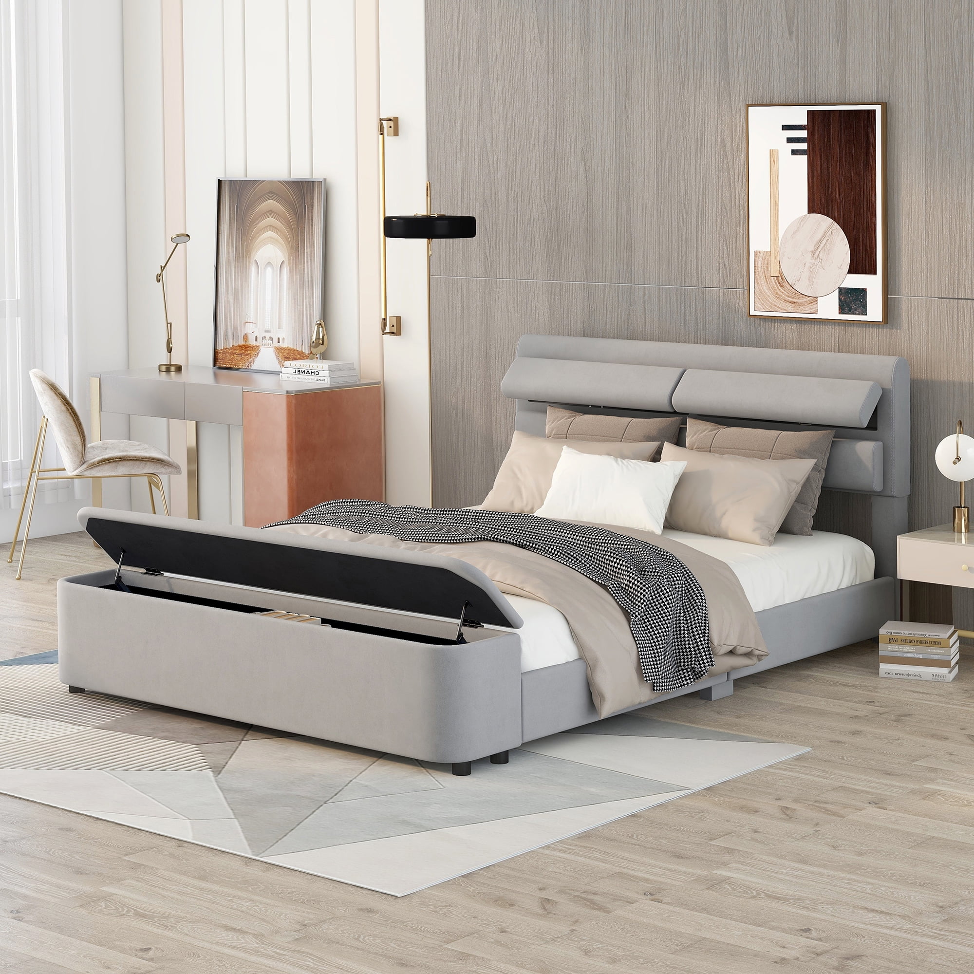 Dawn Whisper Queen Size Upholstery Platform Bed with Storage Headboard and Footboard, Support Legs, Grey