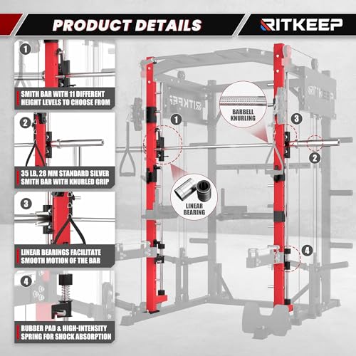 Smith Machine with Jammer Arms & Leg Press with Adjustable Dual Pulley Ratio (1:1 & 2:1), PMAX-4750 All-in-One Commercial & Home Gym Equipment, Heavy-Duty Steel Frame by RitKeep