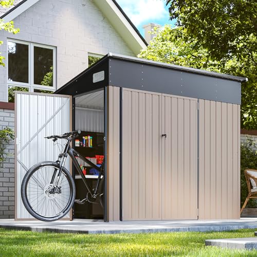 8'x4' Shed Galvanized Steel Storage Sheds with Triple Doors Weatherproof Outdoor Utility Sheds, Dual Lock Lean to Shed with Sloped Roof for Mower, Bike, Generator, Garden Tools (Black)