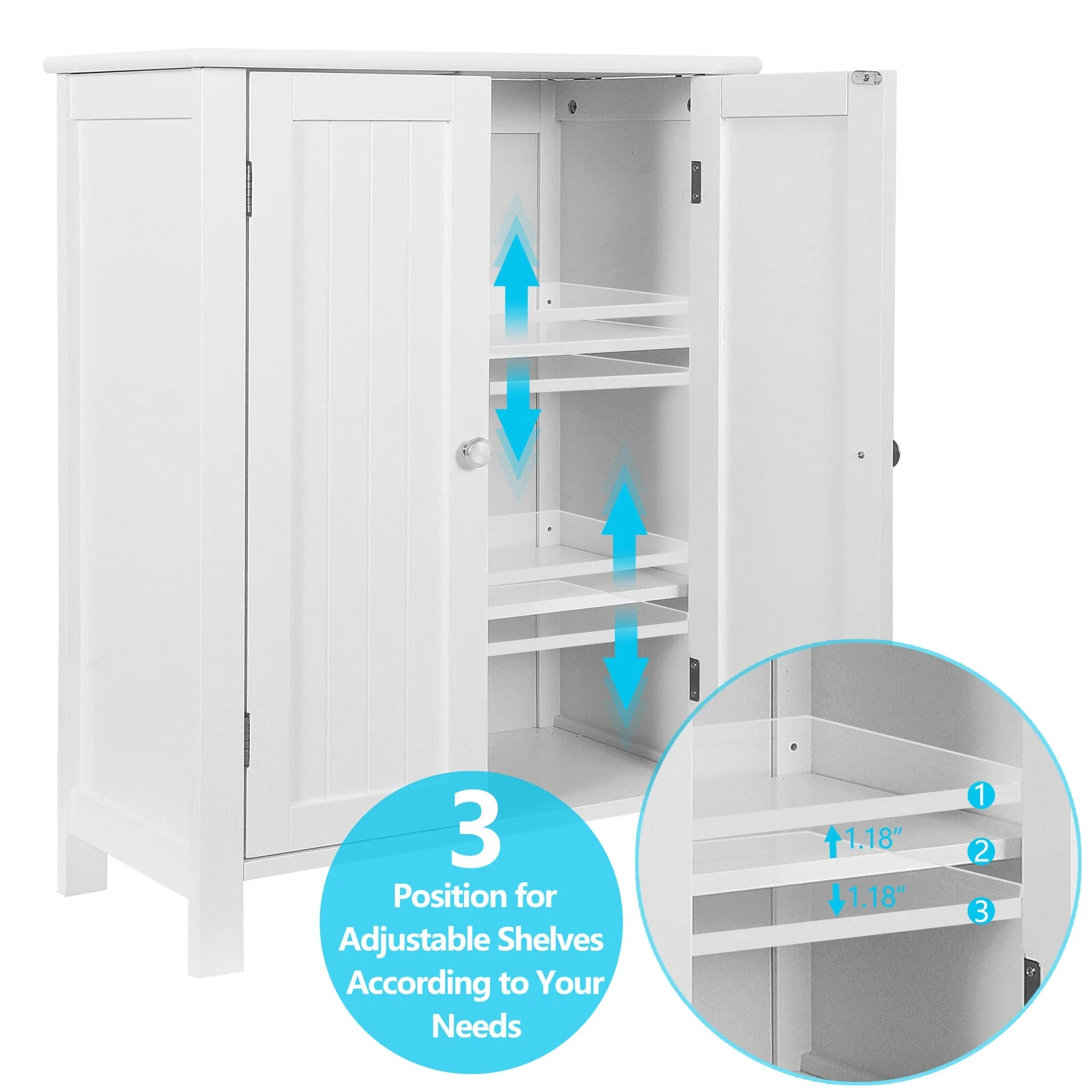 Bathroom Floor Storage Cabinet with Double Door Adjustable Shelf Cupboard White