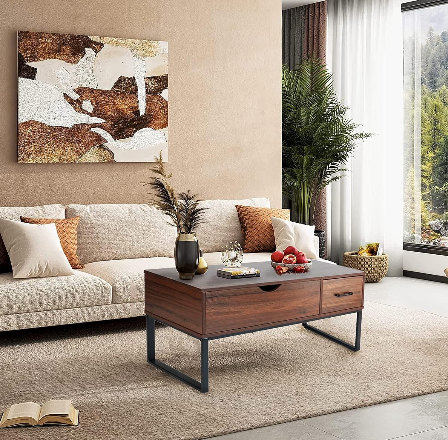 Coffee Table Coffee Table Lift Top with Drawer Hidden Compartment Adjustable Storage Shelf Wood Coffee Tables for Living Room Reception Room Office 41.7in L Brown