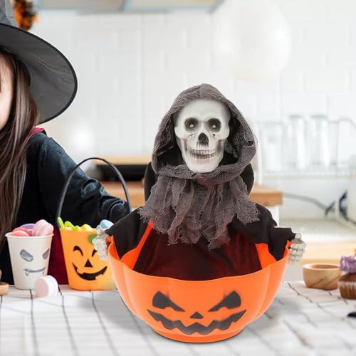 Halloween Candy Bowl,Halloween Decorations Animated Skeleton Candy Dish with Motion Activated, Screaming Witch Holder,Skull Candy Tray Holder Snack with Hand Skulls Serving Bowl Desk Decor