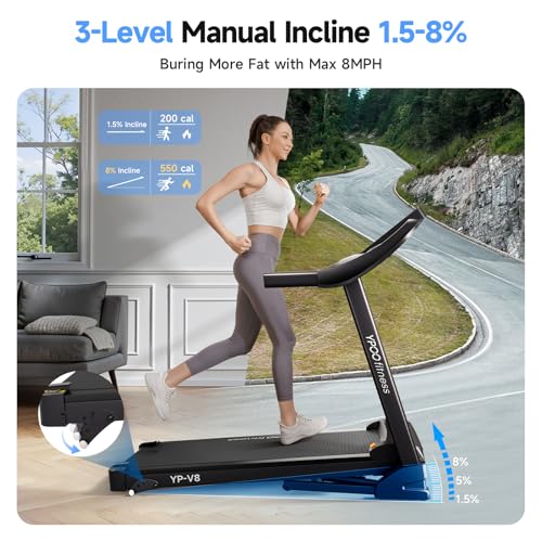 Treadmills for Home with Incline, Auto Foldable Running Treadmills, 8.0 MPH Walking Pad Treadmill with Bluetooth, 300 lbs Weight Capacity Quiet