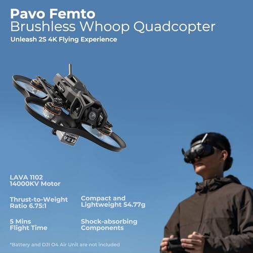 BETAFPV Pavo Femto Brushless Whoop Quadcopter, 2S Pocket Drone with HD VTX Bracket for DJI O4 Air Unit, F4 2-3S 20A FC, LAVA 1102|14000KV Motor, for Flying Smooth Aerial Photography Freestyle Flight