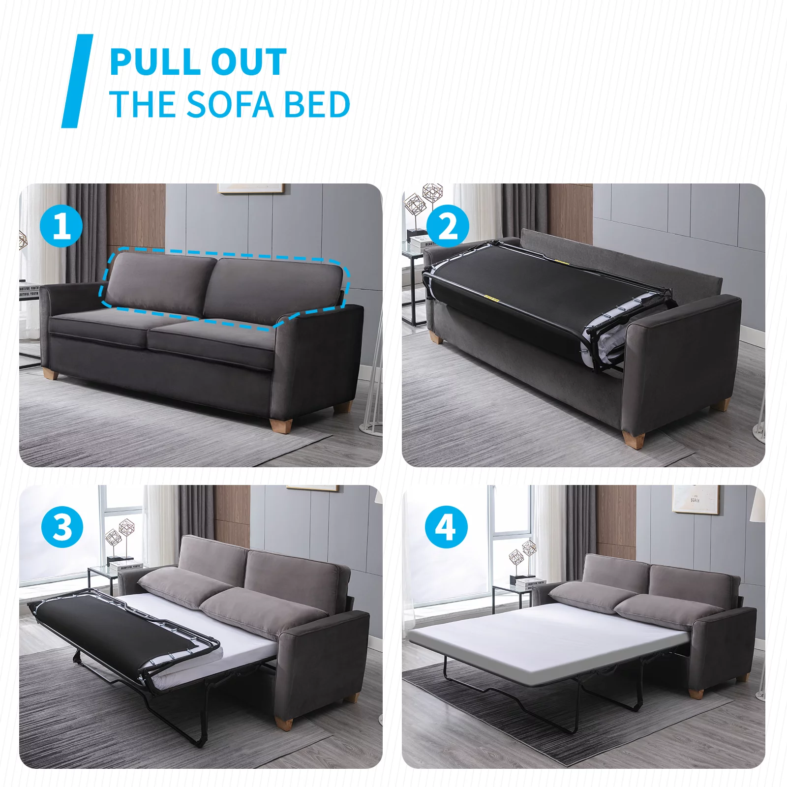 Mjkone Pull Out Sofa Bed, Sleeper Sofa Bed with Memory Foam Mattress, 2-in-1 Pull Out Couch Bed Suitable for Friends to Stay Temporarily, Loveseat Sleeper for Apartment/Small Spaces (Queen, Dark Grey)