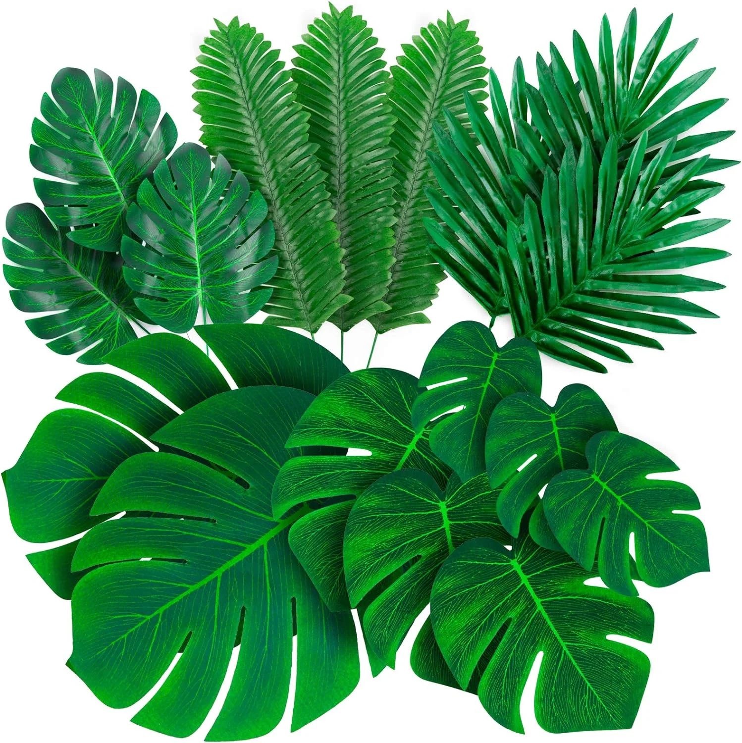 Palm Leaves Artificial Tropical Monstera - 84 Pcs 6 Kinds Large Small Green Fake Palm Leaf Decorations with Stems for Safari Jungle Hawaiian Luau Party Table Decoration Wedding Birthday Theme Party