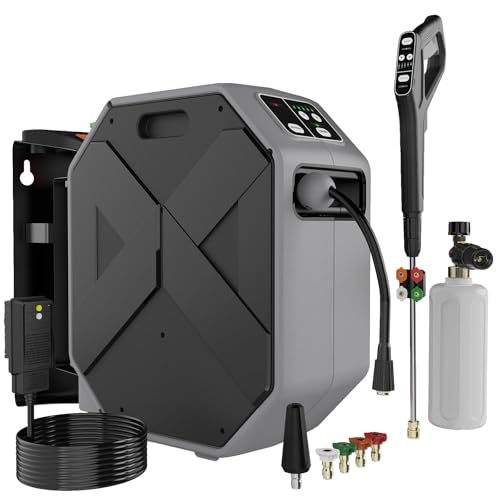 Wall Mounted Pressure Washer - 5000 PSI 3.6 GPM Electric Power Washer with 100FT Retractable Hose, 5-Stage Adjustable Pressure, Foam Cannon 5 Nozzles for Car, Lane, Patio Cleaning, Black