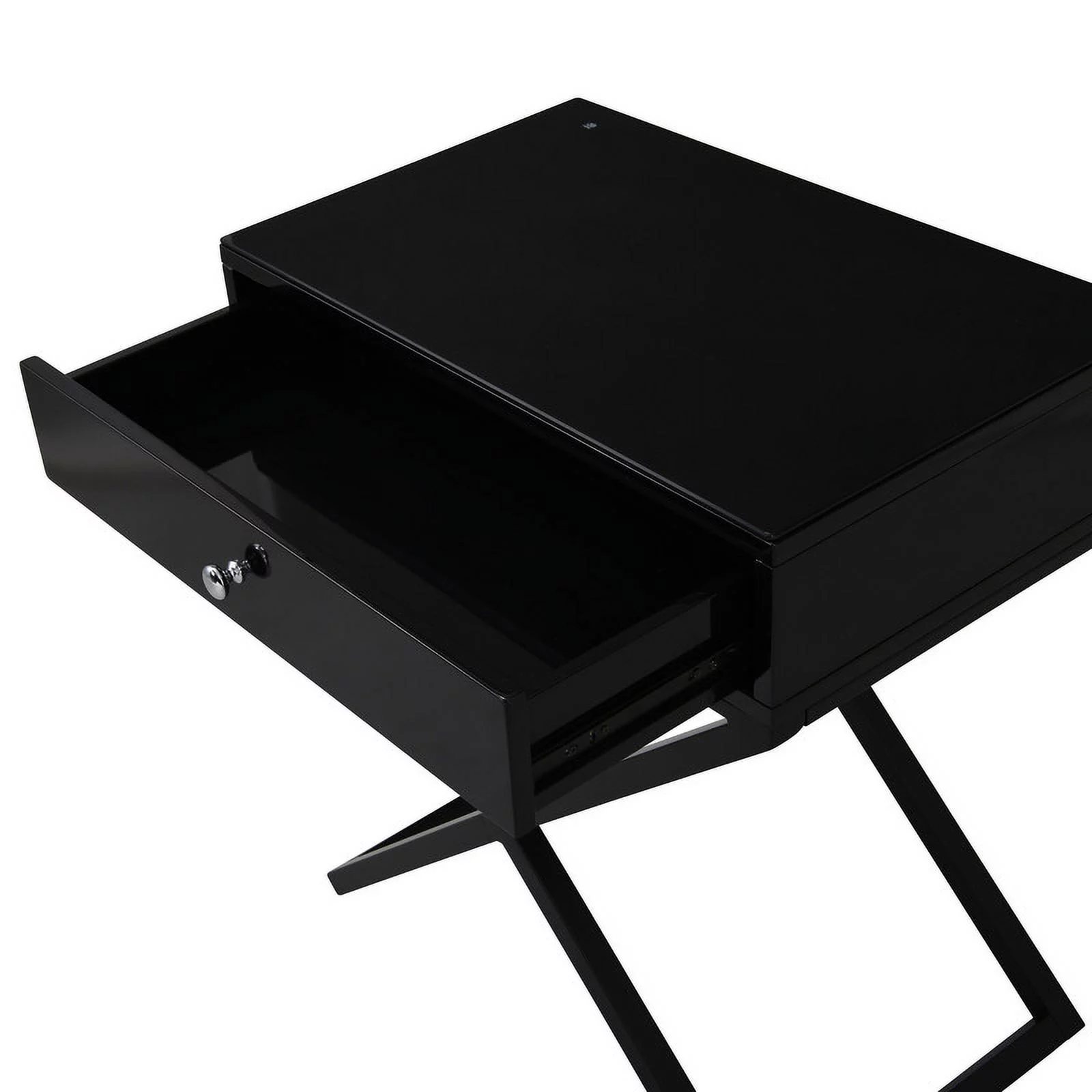 Modern Wooden Nightstand with Drawer,Side End Table with Glass Top and Metal X-Base Legs,Black