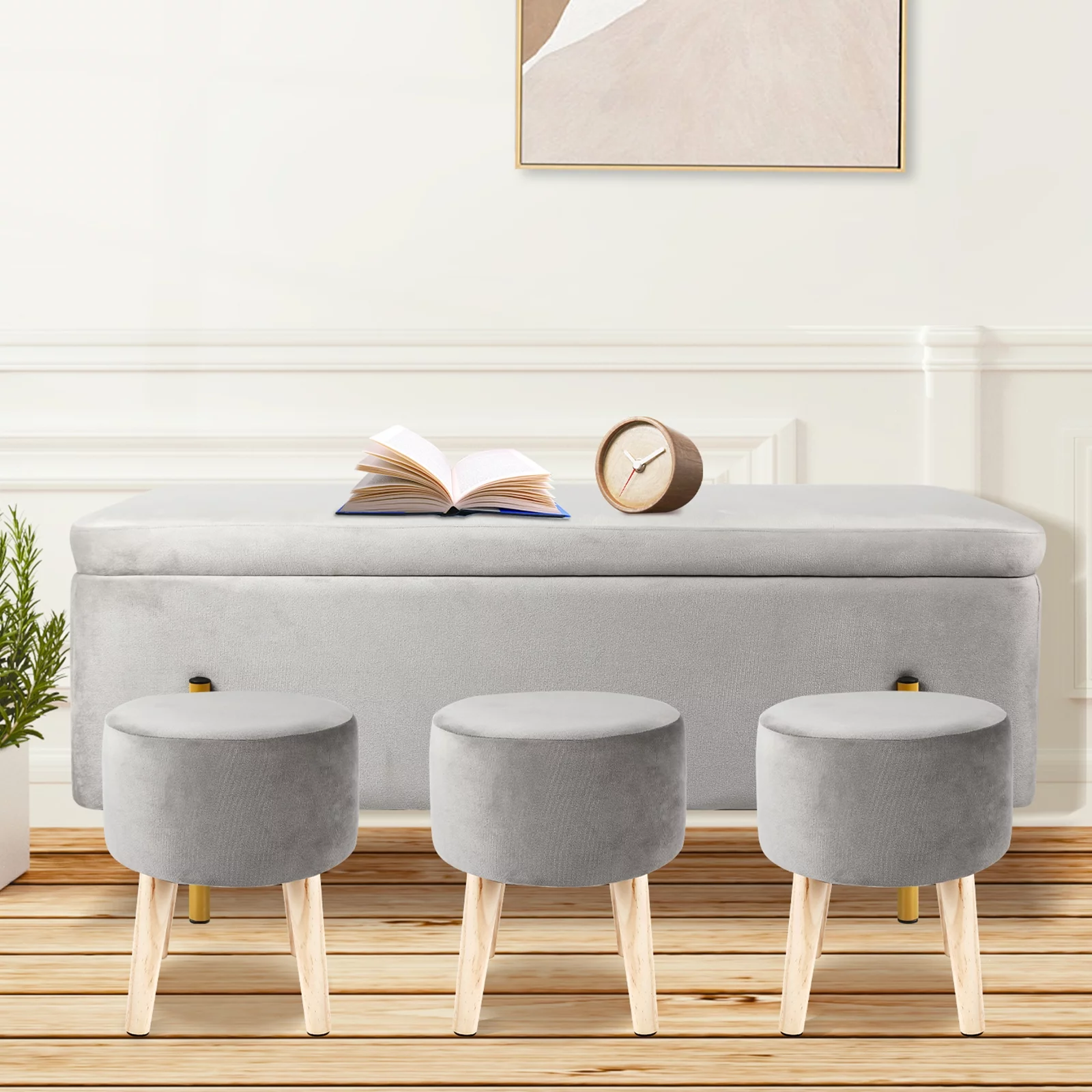 Fionafurn Velvet Storage Ottoman Bench with 3 Footstools, Gray