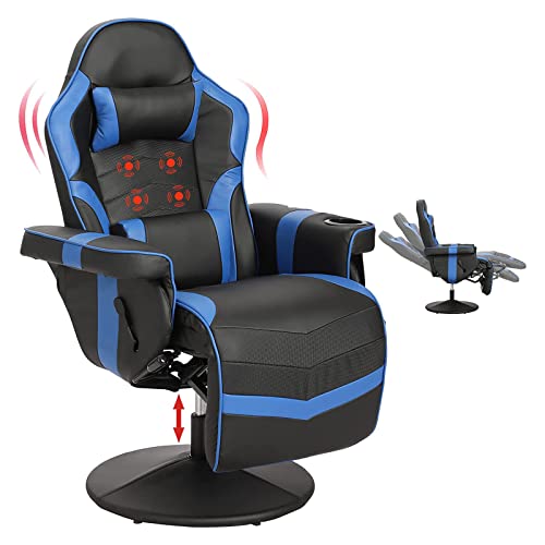 Massage Video Gaming Recliner Chair - Ergonomic Backrest & Seat Height Adjustment Swivel Recliner - PU Leather High Back Computer Office Chair with Cupholder, Headrest, Lumbar Support, Footrest