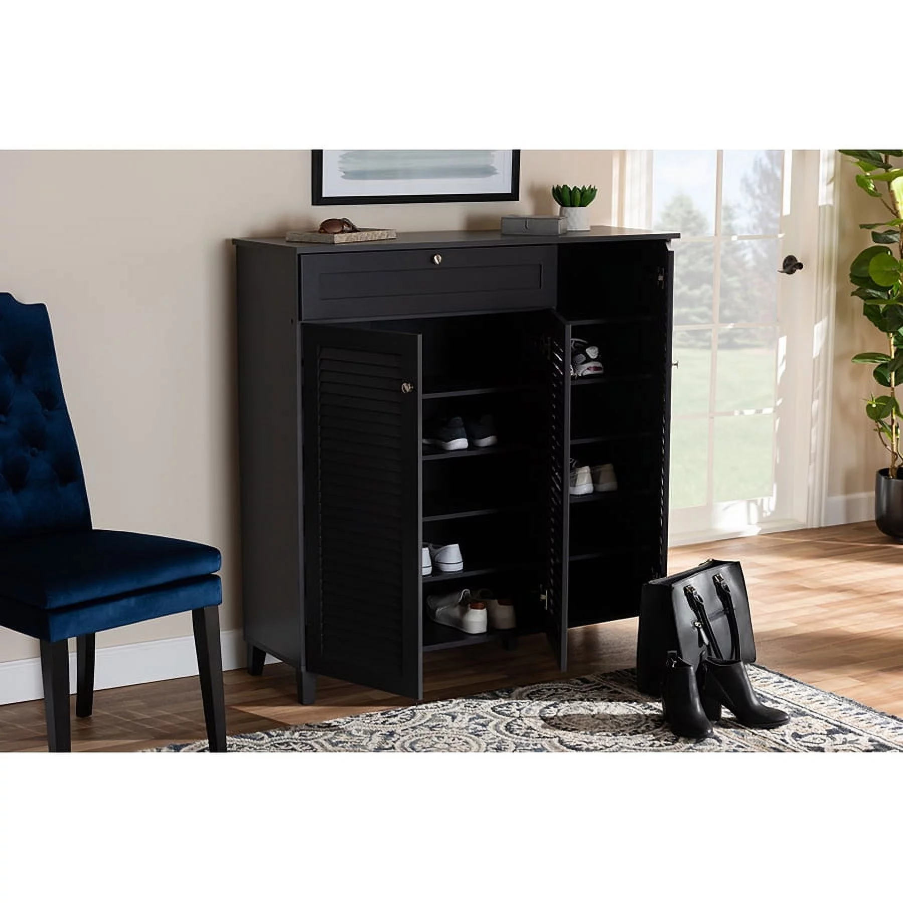 Baxton Studio Coolidge Modern and Contemporary Dark Grey Finished 11-Shelf Wood Shoe Storage Cabinet with Drawer