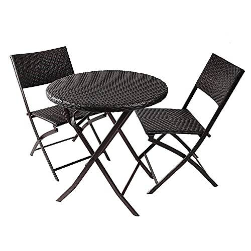 3 Pieces Folding Bistro Set PE Wicker Rattan Outdoor Patio Furniture Sets with Foldable Round Table and Chairs Perfect for Cafe Bar Garden Backyard Balcony Porch