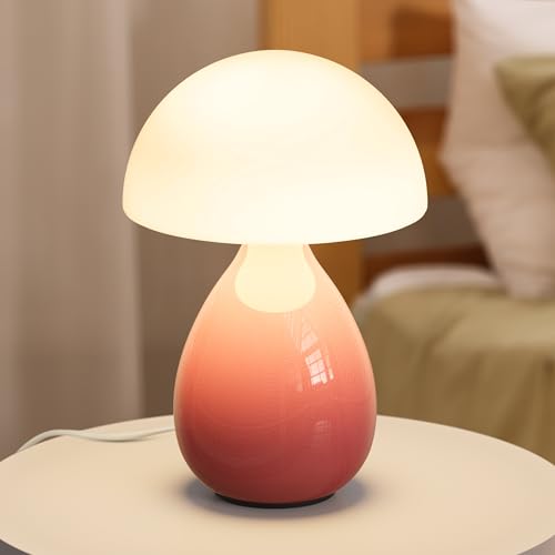 Mushroom Lamp Small Vintage Table Light, Mini Modern Lamp Bedside Nightstand LED, Small Light Dimmable for Bedroom, Living Room, Ceramic Base Glass Led Home Decor for Woman Gifts