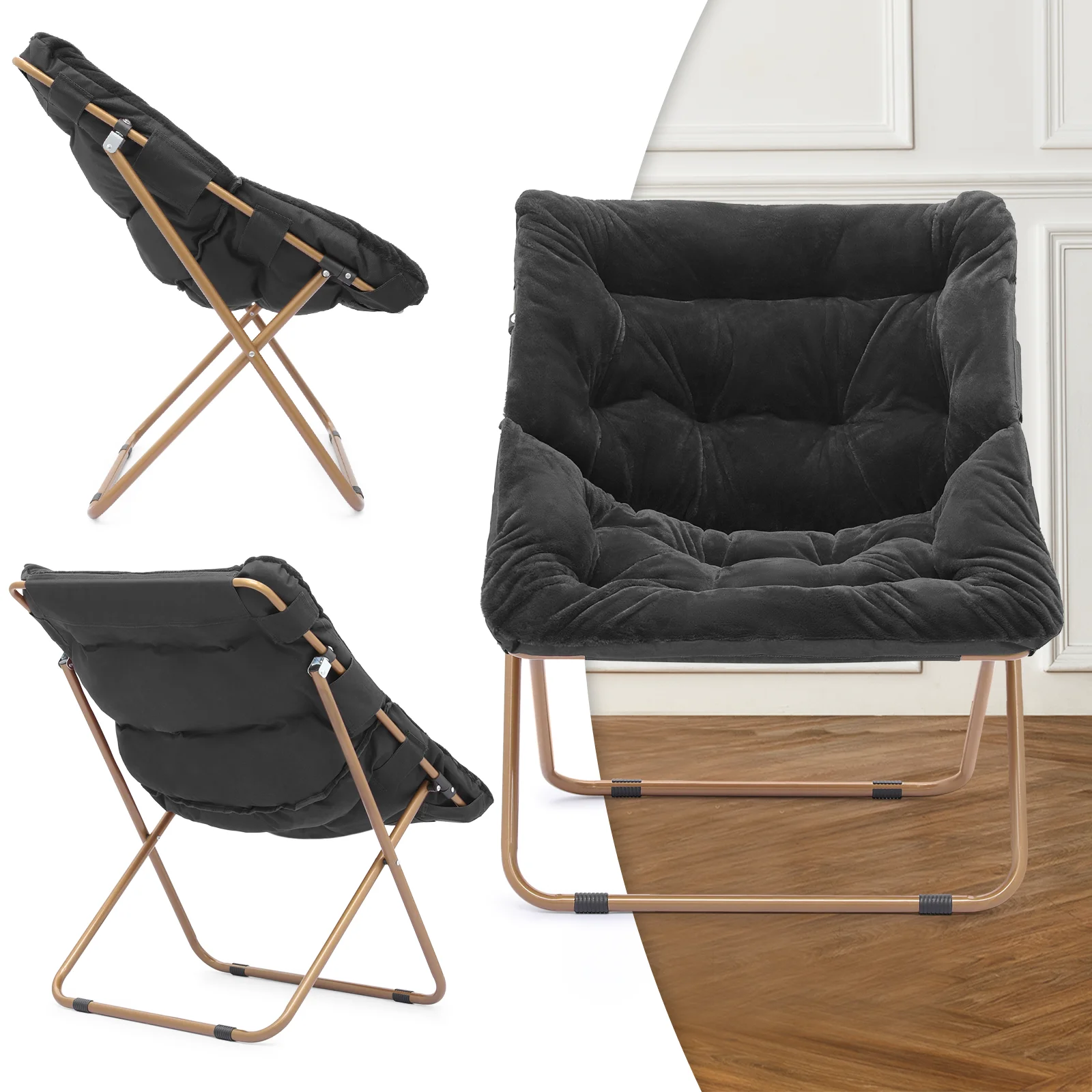 MoNiBloom Set of 2 Saucer Chair with Ottoman, Faux Fur Folding Chair and Footrest Set with Metal Frame, Foldable Lounge Chair and Foot Stool Set, Black