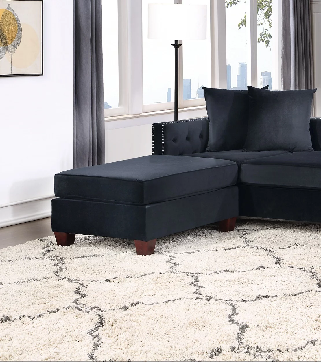 Black Velvet Fabric U-Sectional 4pc Set Reversible L/R Chaise / Loveseats Ottoman Tufted Cushion Couch Pillows Living Room
